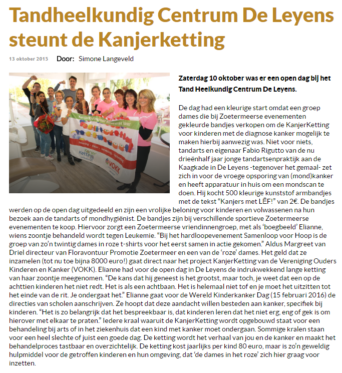 Tandheelkundig Centrum De Leyens steunt de Kanjerketting